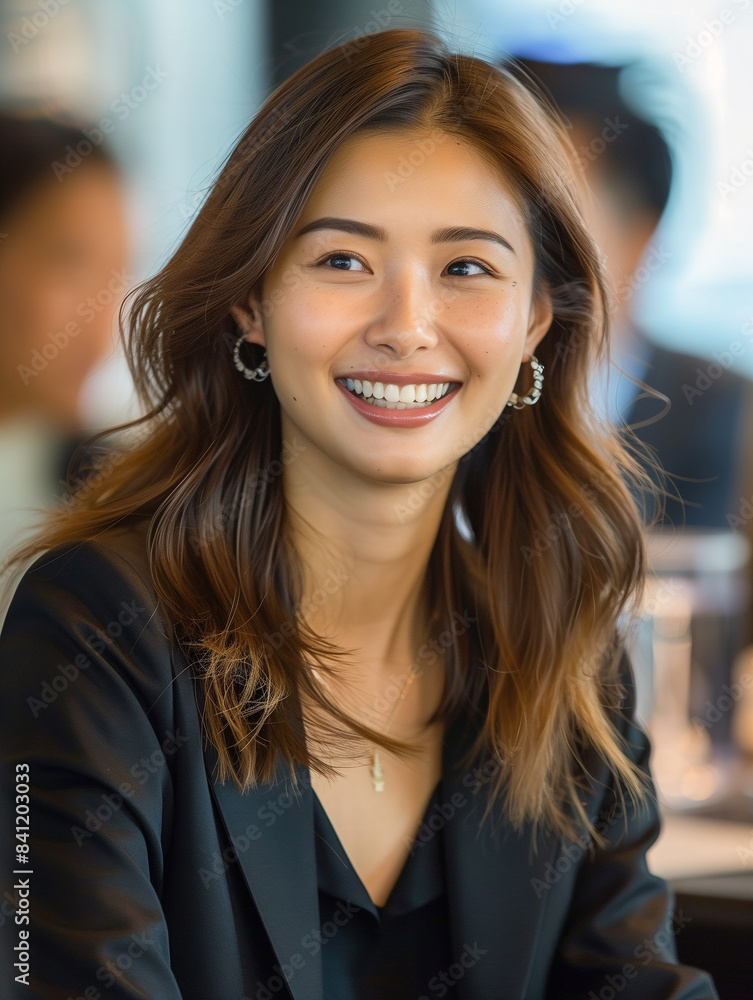 Smiling woman in formal attire at a business meeting. Professional and corporate environment concept ,generative ai Smiling woman in formal attire at a business meeting. Professional and corporate environment concept ,generative ai
