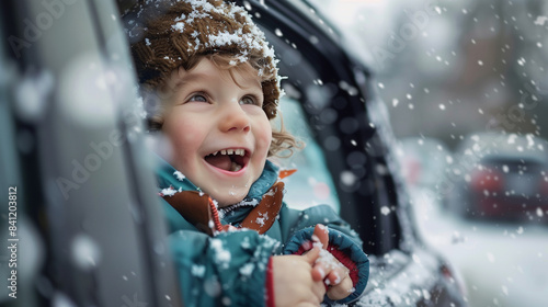 A cheerful little boy enjoys watching and playing with snow from a car window. The child is filled with joy and excitement during a winter day. photo