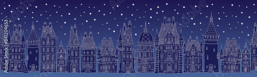 Christmas and New Year seamless border pattern. Fairy tale European houses panorama. Hand drawn blue and white sketch on a dark blue background