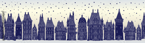 Christmas and New Year seamless border pattern. Fairy tale European houses panorama. Hand drawn blue and white sketch on a silver pearl background
