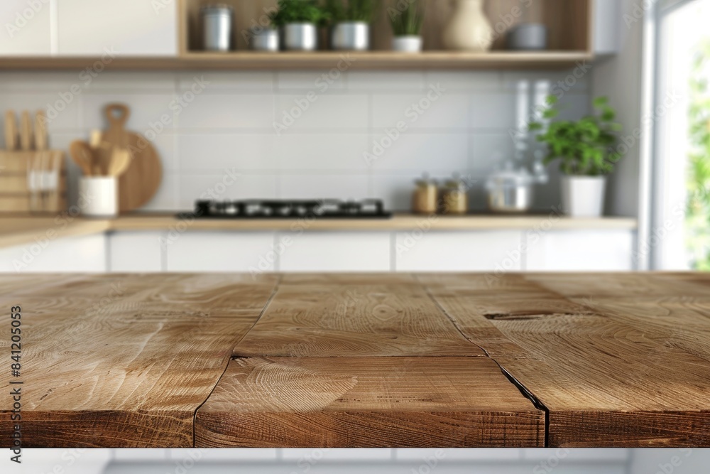 Wood table top on blurred kitchen background. can be used mock up for montage products display or design layout with generative ai Wood table top on blurred kitchen background. can be used mock up for montage products display or design layout with generative ai