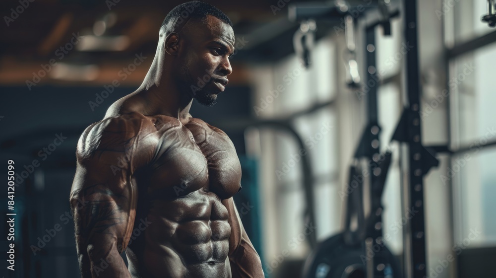 A muscular man with a defined physique poses in a gym. Weights are visible in the background. A muscular man with a defined physique poses in a gym. Weights are visible in the background.