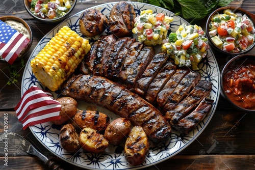 A mouthwatering barbecue spread featuring grilled meats, corn on the cob, and potato salad arranged on a platter decorated with miniature American flags
