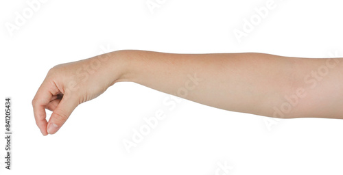 Hand gesture picking or grab something on transparency background png, side view, 