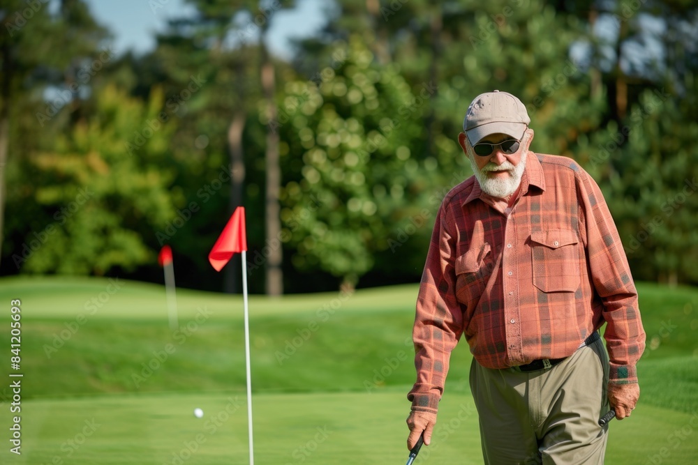 Obraz premium Senior Caucasian man bending over to pick up a golf ball on a lush course, wearing a plaid shirt.
