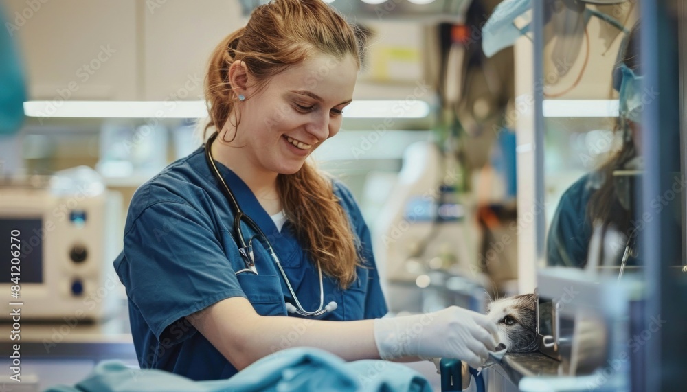 a female nurse is working on a dog in an operating room a female nurse is working on a dog in an operating room