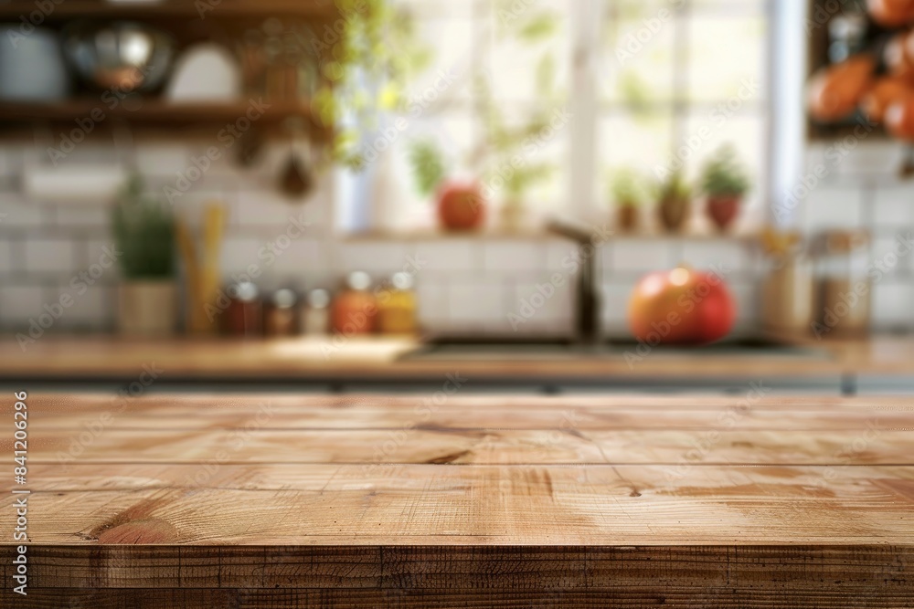 Wood table top on blurred kitchen background. can be used mock up for montage products display or design layout with generative ai Wood table top on blurred kitchen background. can be used mock up for montage products display or design layout with generative ai