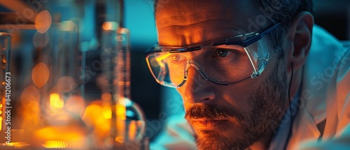 A close-up of a scientist in a lab coat, intently studying a beaker.