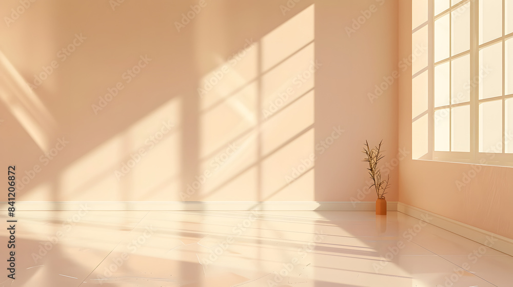 Fototapeta premium Minimalistic abstract light pearl color background for product presentation. Incident light from the window on the wall and floor