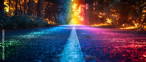 A colorful and surreal road disappearing into a forest. photo