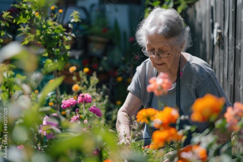 Elderly Caucasian woman tending to her garden, focusing on planting flowers in a lush, colorful setting. © evgenia_lo