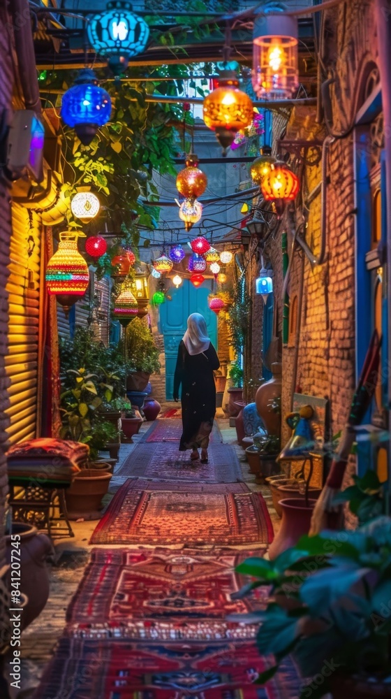 Fototapeta premium A woman walking down a narrow alley way