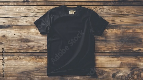 Black t-shirt isolated on backgroundBlack t-shirt isolated on background  Black t-shirt on a wooden background. T-shirt template.
 photo