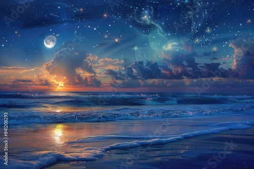 a night scene with a beach and the moon and stars in the sky above the water and the ocean waves on the shore of the beach