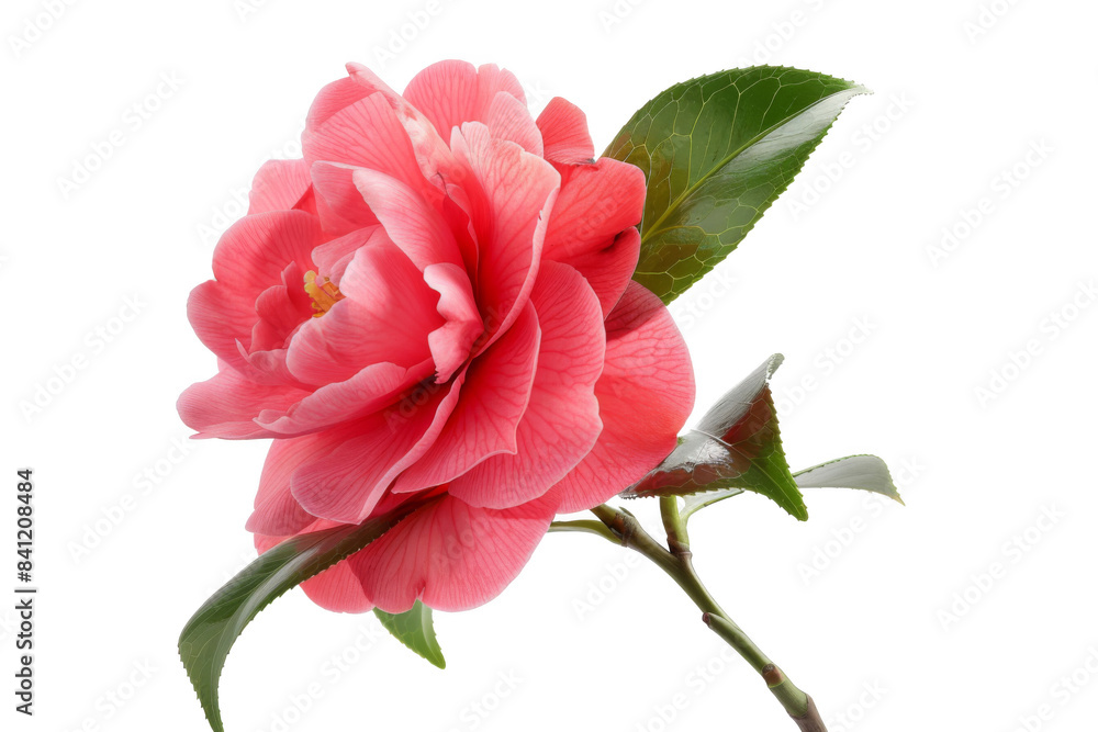 A pink flower with a green leaf on a white background A pink flower with a green leaf on a white background