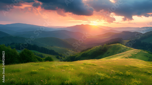 mountainous countryside scenery at sunset. dramatic sky above the distant valley. green fields and trees on the hill. beautiful nature scenery of carpathians