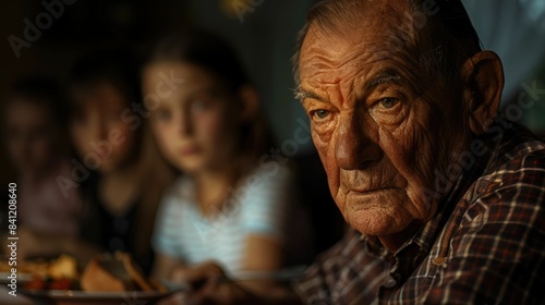 The close up picture of the family is eating the dinner together with enjoyment and happiness  the close up portrait of the grandfather eating the dinner with children and family by warm light. AIG43.