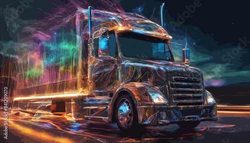 Ein Lastkraftwagen in iridescenten Farben und psychedelischen Formen. vektor.