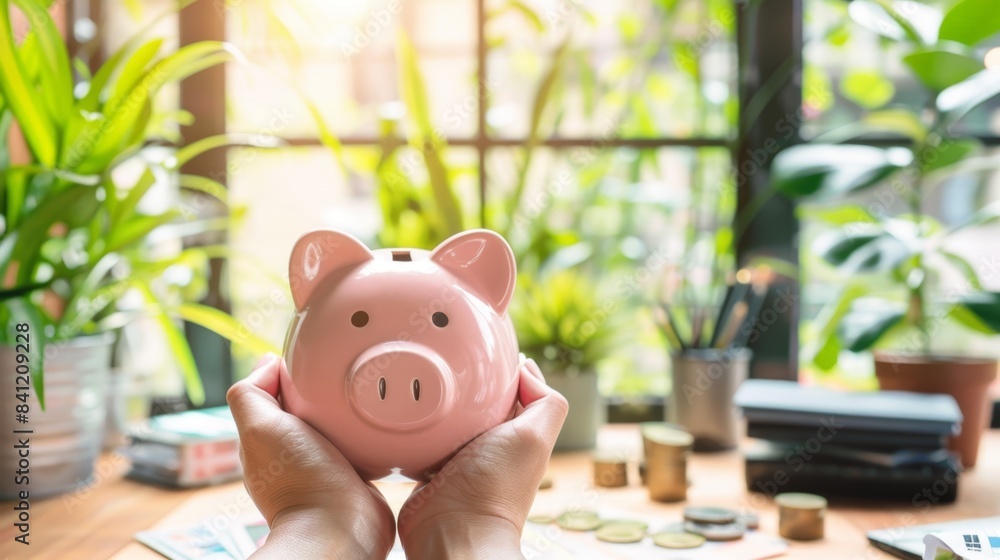 The piggy bank on desk The piggy bank on desk