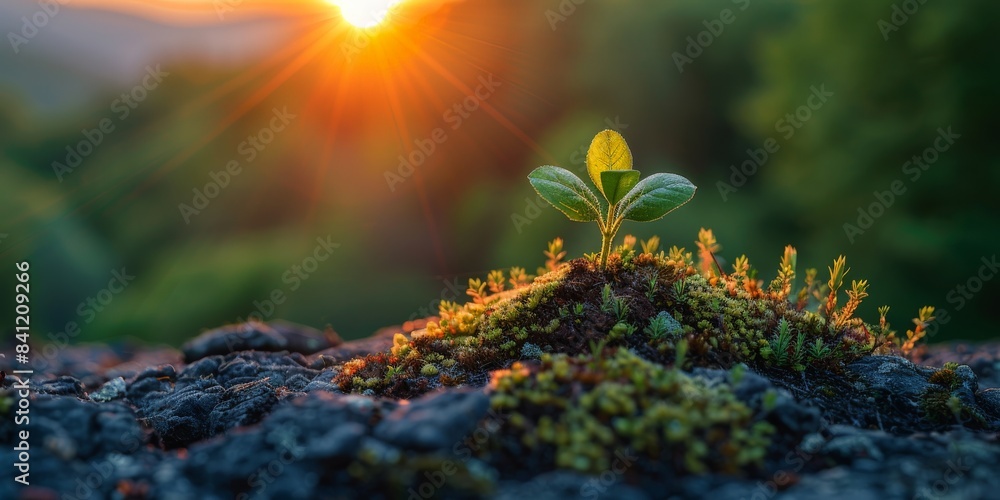 A small plant sprouts from rocky ground in sunlight A small plant sprouts from rocky ground in sunlight