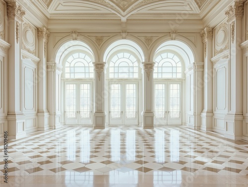 A grand hall with large arched windows  intricate wall moldings  and a polished checkered floor  bathed in natural light