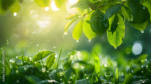 Natural herbal background. Juicy fresh green grass and tree leaves with drops of dew sparkle in morning light, spring summer outdoors