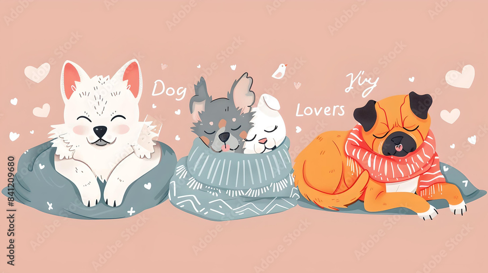 Fototapeta premium Cute Dogs Wrapped in Blankets Illustration