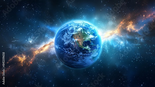 Conceptual image of a global network over Earth  visualizing global connectivity and data exchange with a vibrant space background.