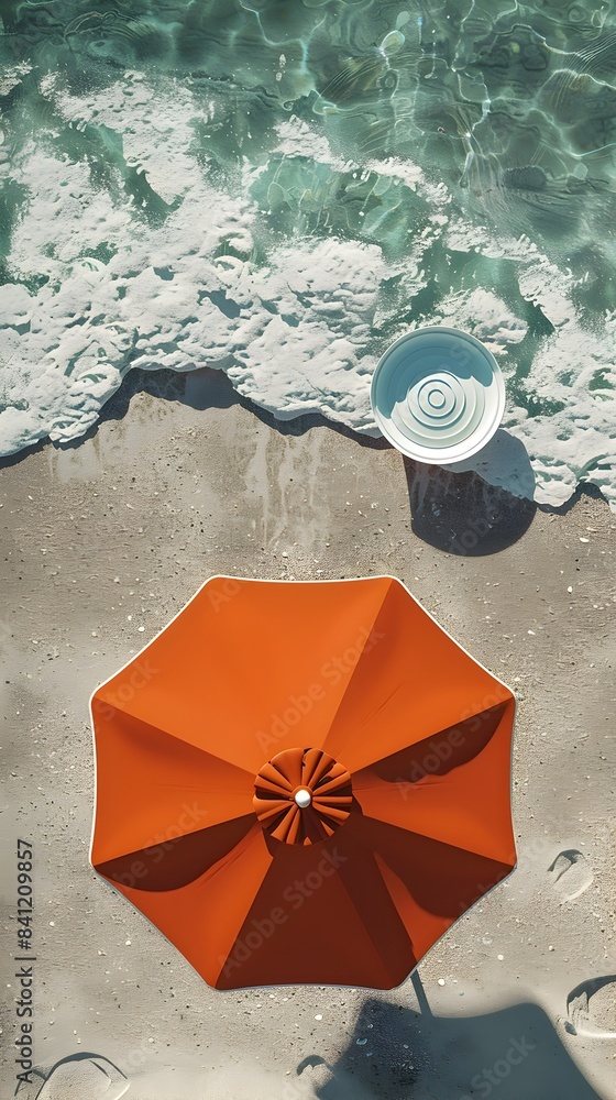 Naklejka premium Serene Beach Umbrella with Flying Frisbee Overlooking the Ocean Waves