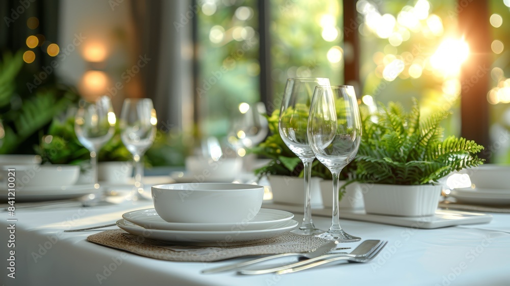 A beautifully arranged dining table setting in a restaurant, illuminated by natural light with green plants as centerpieces, creating a fresh and inviting ambiance. A beautifully arranged dining table setting in a restaurant, illuminated by natural light with green plants as centerpieces, creating a fresh and inviting ambiance.