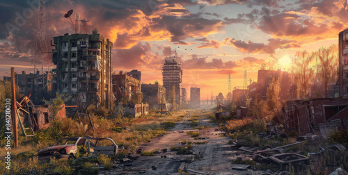 A desolate cityscape with a sunset in the background