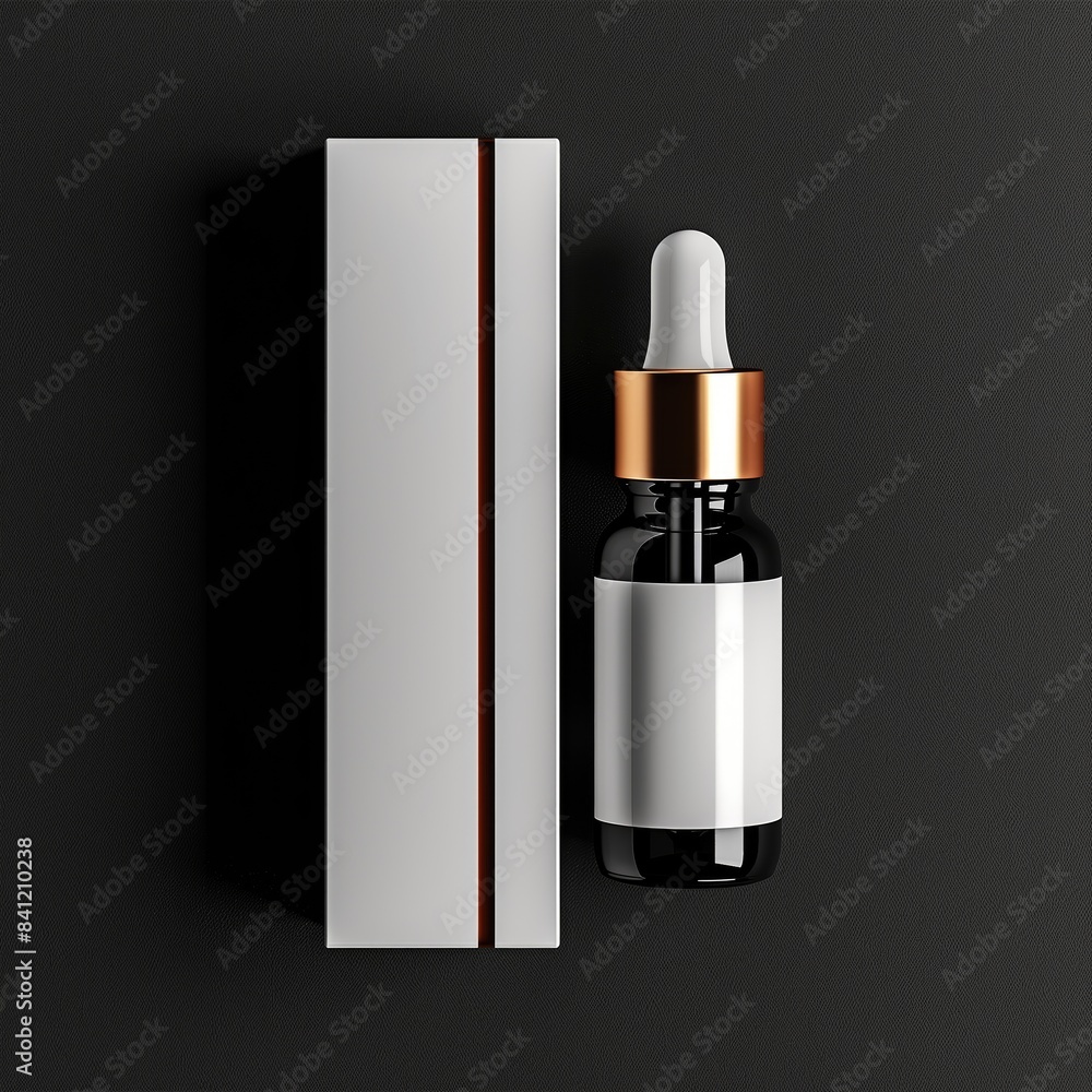 Beauty serum dropper bottle mockup white paper box, skincare product packaging on black background