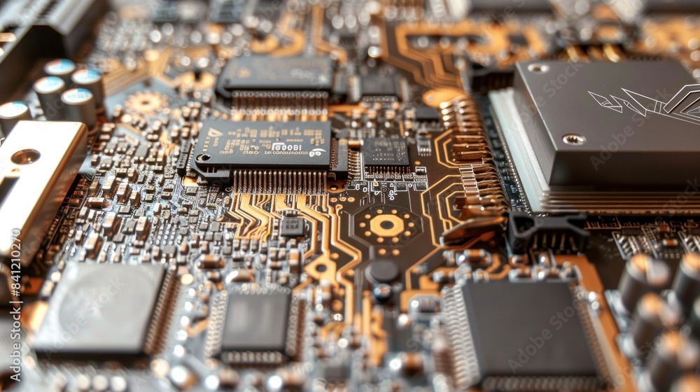 Detailed closeup of a motherboard with numerous electronic components Detailed closeup of a motherboard with numerous electronic components