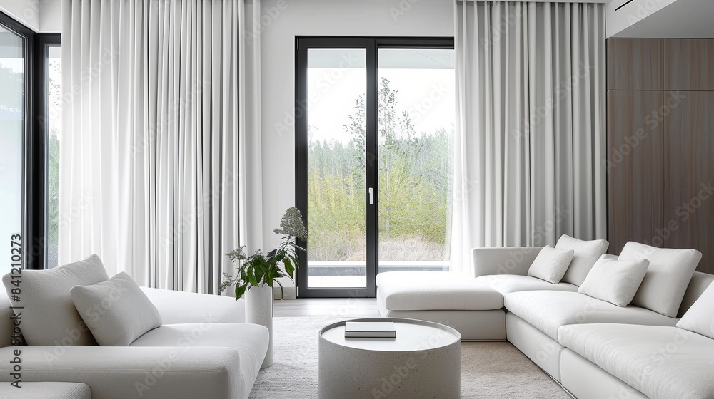 Fototapeta premium A modern and minimalist living room featuring sheer white curtains, natural light, and green indoor plants, enhancing a clean and serene home environment.