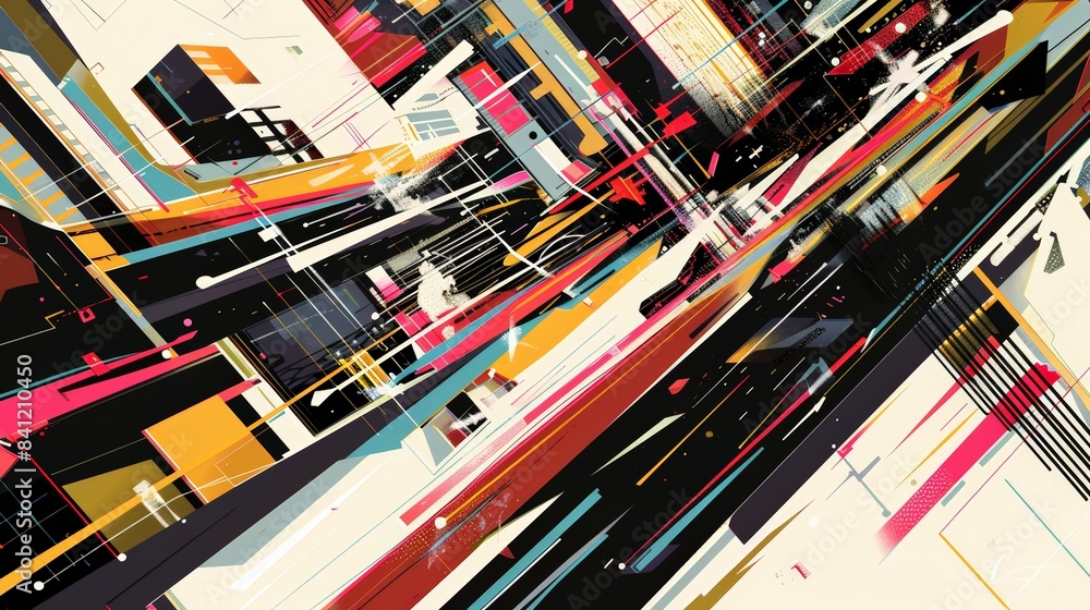 Design an abstract visual that captures the energy and movement of urban life, using sharp lines, bold colors, and overlapping shapes to convey the hustle and bustle of a cityscape. Design an abstract visual that captures the energy and movement of urban life, using sharp lines, bold colors, and overlapping shapes to convey the hustle and bustle of a cityscape.