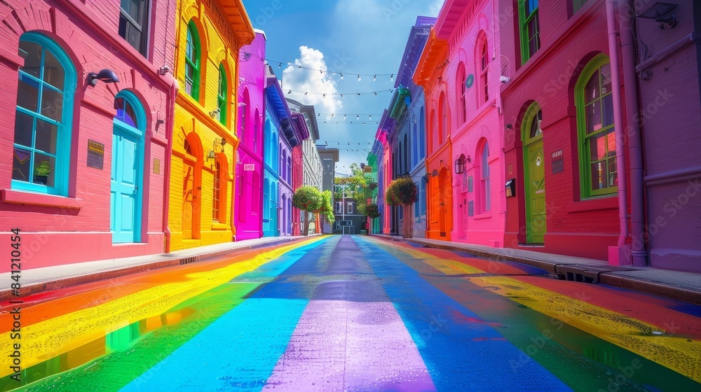 Fototapeta premium A vibrant street lined with colorful houses, featuring a rainbow painted road leading to a clear blue sky.