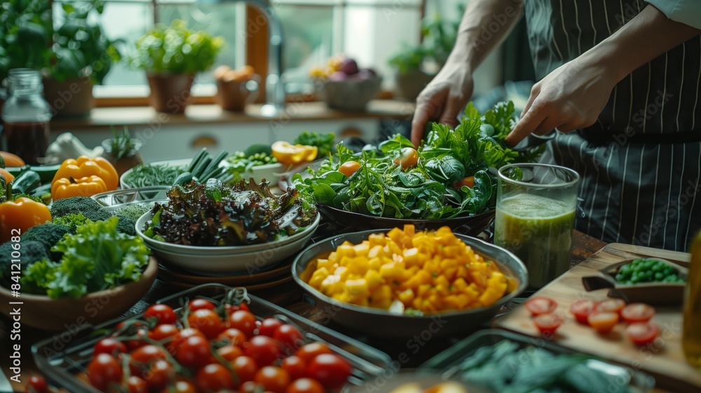 Hands of a woman preparing a colorful salad with fresh vegetables in a kitchen Hands of a woman preparing a colorful salad with fresh vegetables in a kitchen