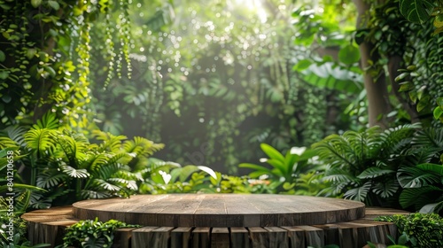 A wooden platform in a lush  green jungle with sunlight streaming through the foliage.  Perfect for showcasing products or creating a natural backdrop.