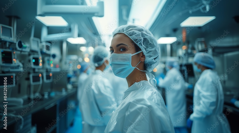 Female medical worker wearing scrubs in operating room preparing for a surgery Female medical worker wearing scrubs in operating room preparing for a surgery