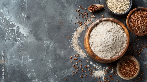 Bowl of buckwheat flour and grains arranged in a flat lay on a gray surface