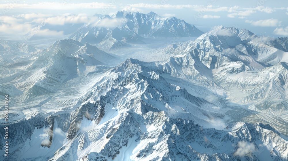 Fototapeta premium Design an aerial view of a snowy mountain range, with jagged peaks, deep valleys, and a blanket of snow glistening under the sunlight, conveying the majestic beauty of the mountains.