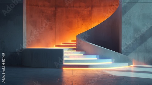 Abstract futuristic staircase with glowing neon lights in a concrete room.