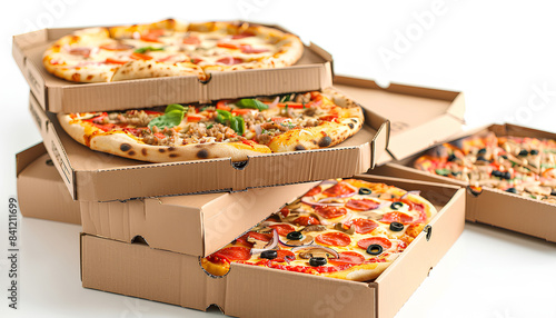 Stack of cardboard boxes with tasty pizza isolated on white back photo
