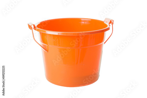 A large orange bucket with a plastic handle sits on a white background