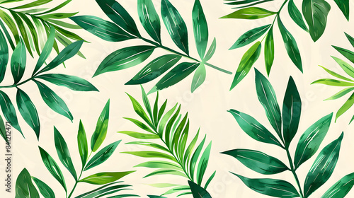 Organic Leaf Pattern. Branch with Leaves Ornamental Texture. Floral Seamless Stroke. Palm Branch Background. Flourish Nature Summer Garden. Tropical Green Ornament