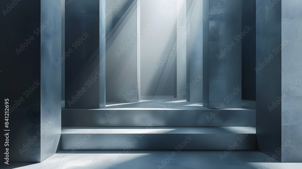 Original widescreen background image in minimalistic design with geometric shapes of light and shadow for presentation of various products in grey-blue tones Original widescreen background image in minimalistic design with geometric shapes of light and shadow for presentation of various products in grey-blue tones