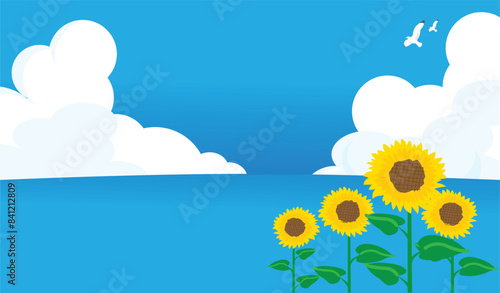 入道雲の浮かぶ海原とひまわりの背景イラスト