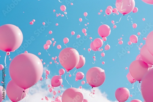 Pink balloons drift upwards  celebrating a special occasion in the open air