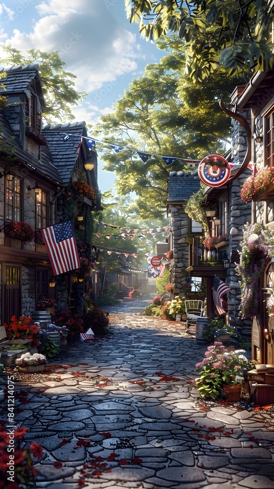 Fototapeta premium Vibrant Fourth of July Decor Adorning Homes and Streets with Patriotic Flair