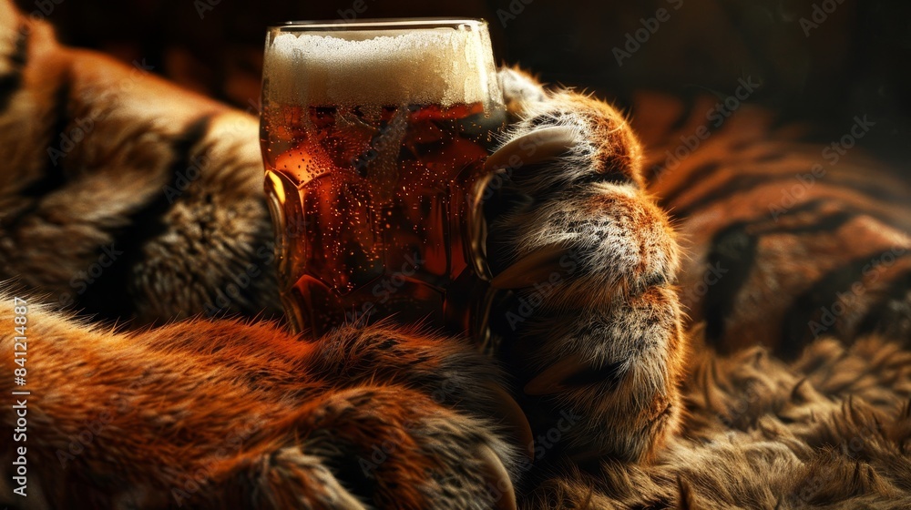 Tiger paw holding a glass of beer. A humorous and creative image for beer-related content. Tiger paw holding a glass of beer. A humorous and creative image for beer-related content.